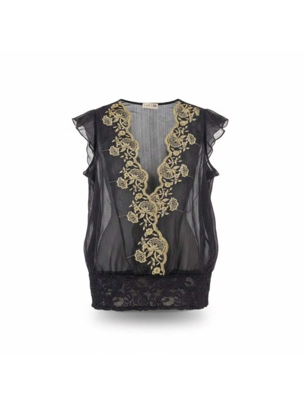 Luly K Womens Black Sheer Embroidered Blouse With Lace Trim Elegant Size OS